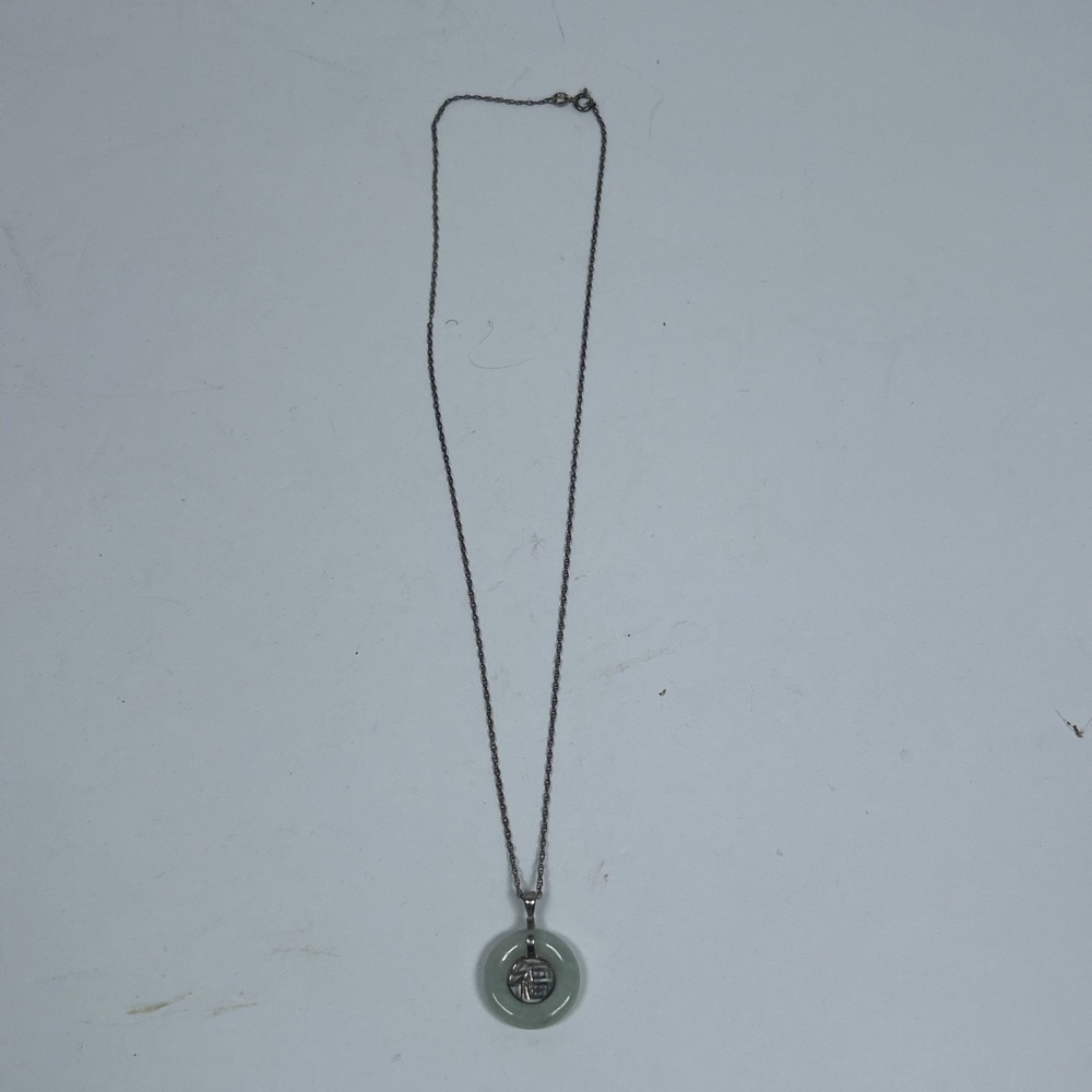 Avon Vtg Sterling Green Jade "Good Fortune" Pendant 14-16" Cable 925 Necklace